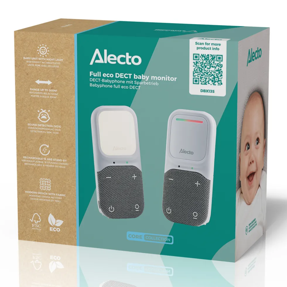 Alecto DBX135 - Moderne Full Eco audio babyfoon met heldere DECT-geluidskwaliteit, lange stand-by tijd en nachtlampje - Wit/Grijs