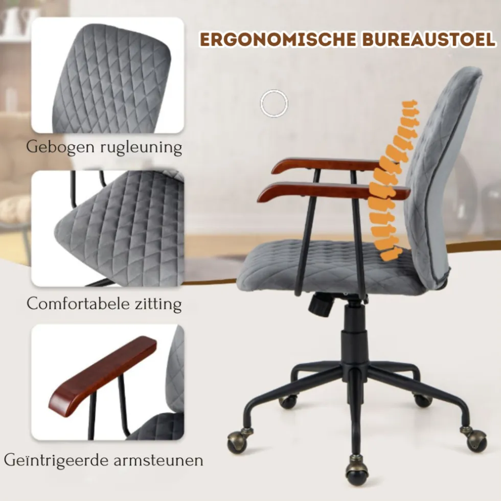 Costway Fluwelen Vintage Bureaustoel Met Kantelbare Rugleuning