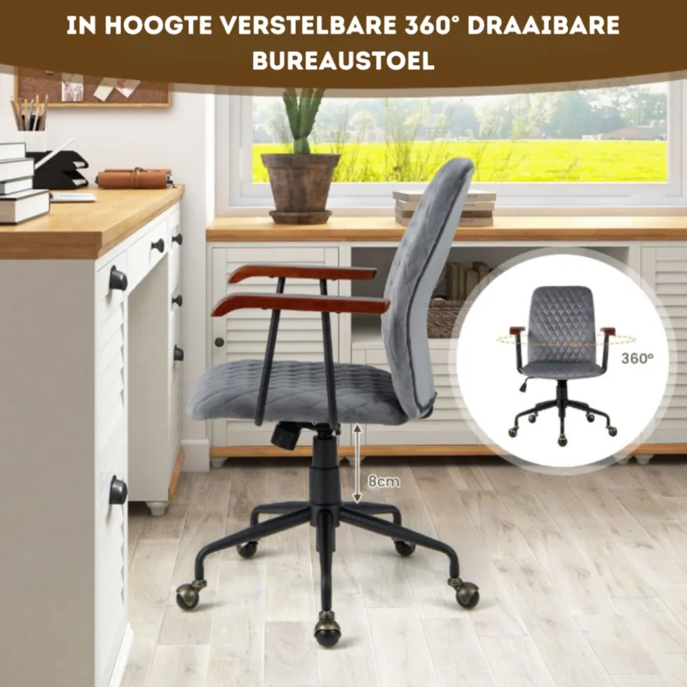 Costway Fluwelen Vintage Bureaustoel Met Kantelbare Rugleuning