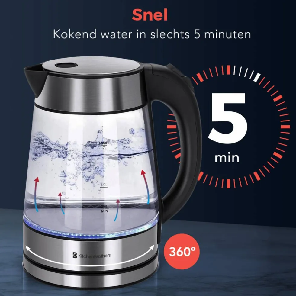 KitchenBrothers Glazen Waterkoker met LED
