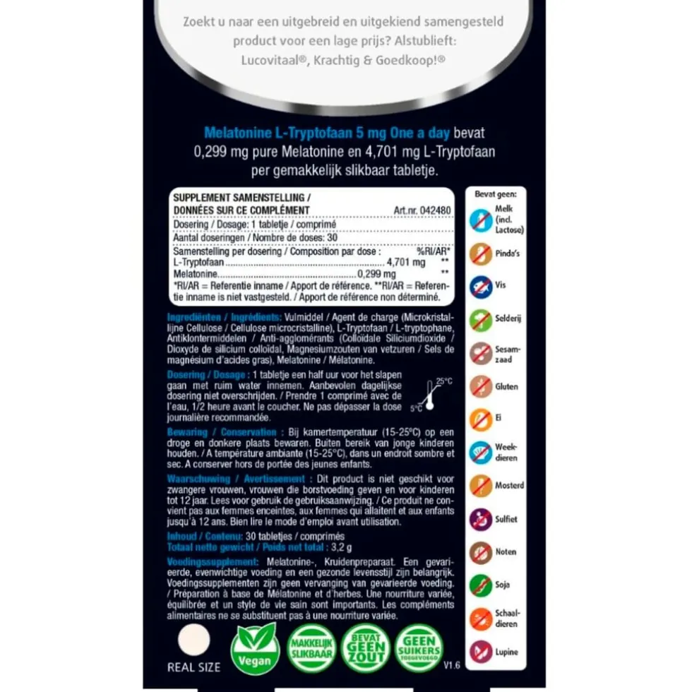 Lucovitaal Melatonine L-Tryptofaan 5mg Tabletten