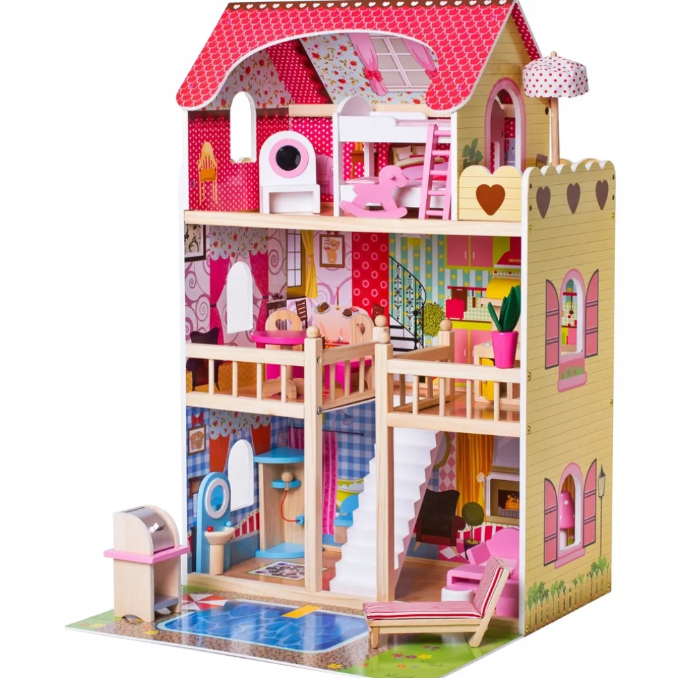 Rijoka Houten Poppenhuis LED Verlichting Meubelset 15pcs 3 Verdiepingen