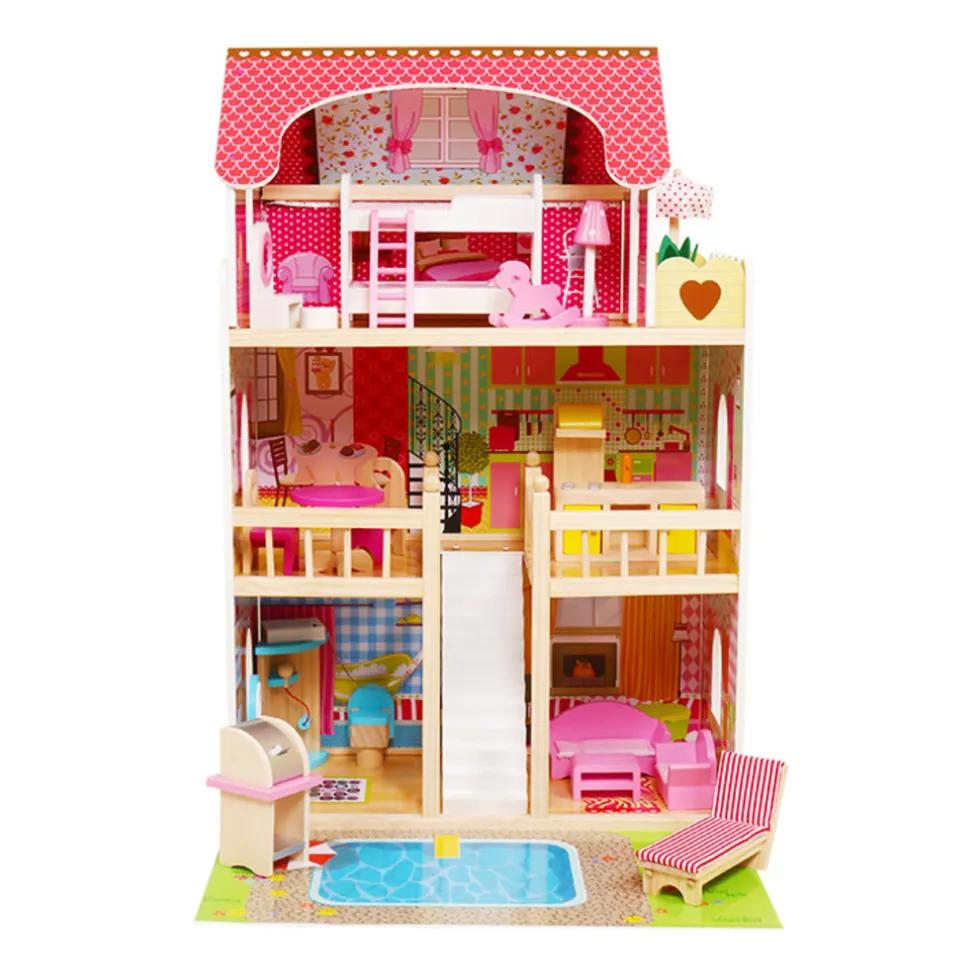 Rijoka Houten Poppenhuis LED Verlichting Meubelset 15pcs 3 Verdiepingen