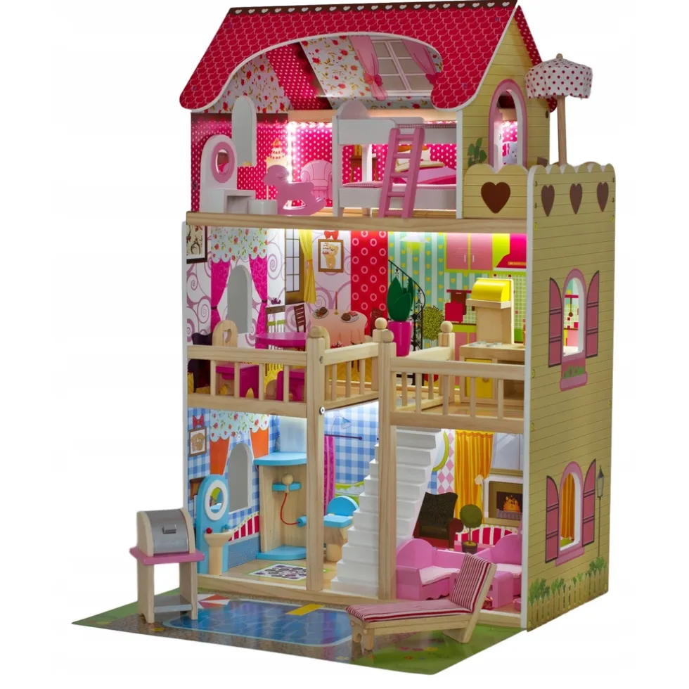 Rijoka Houten Poppenhuis LED Verlichting Meubelset 15pcs 3 Verdiepingen