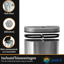 Rijoka Prullenbak met Sensor Dubbel 70 Liter RVS Soft Close Vingerafdrukvrij