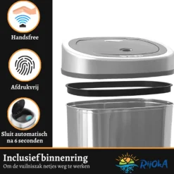 Rijoka Prullenbak Sensor 50 Liter RVS Soft Close Vingerafdrukvrij
