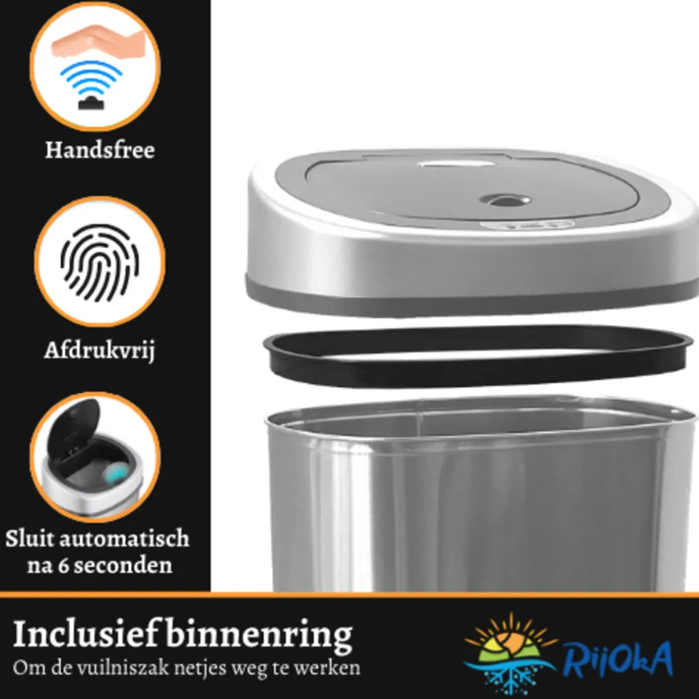 Rijoka Prullenbak Sensor 50 Liter RVS Soft Close Vingerafdrukvrij