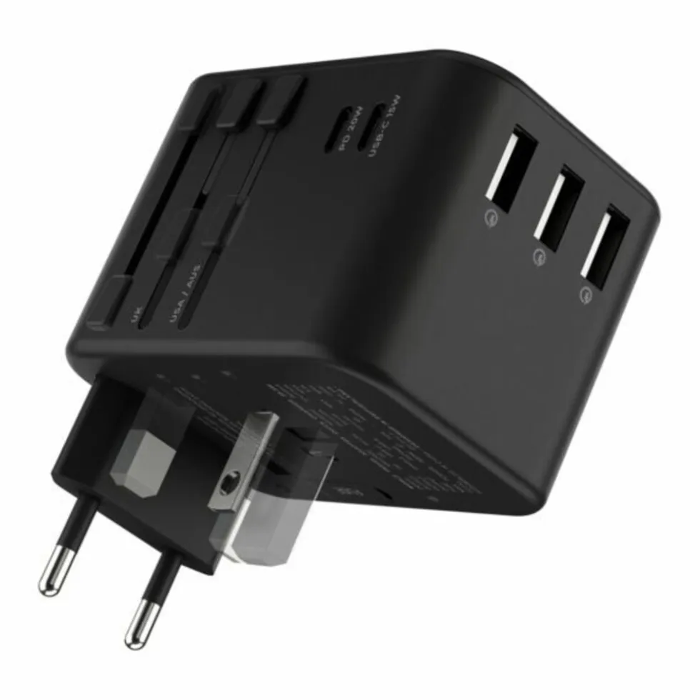 Rolling Square Travel Adapter Quick Charge Universele Wereldstekker Zwart