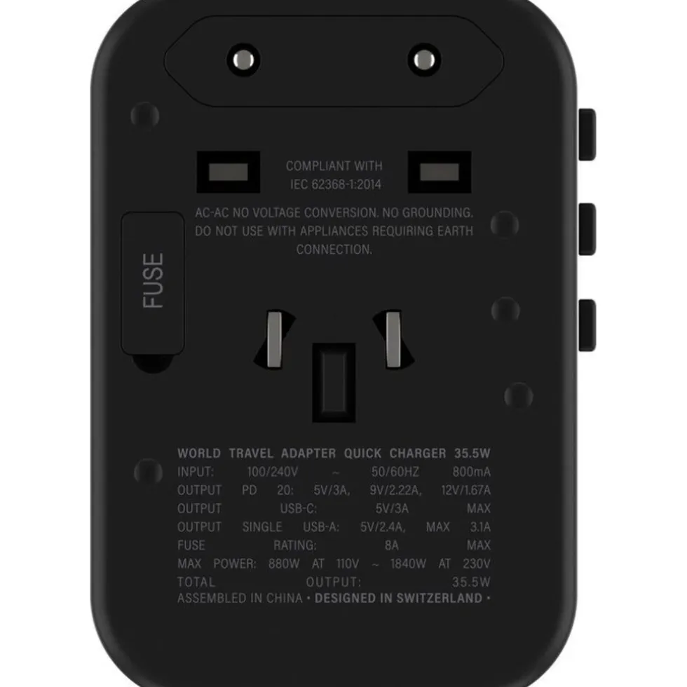 Rolling Square Travel Adapter Quick Charge Universele Wereldstekker Zwart