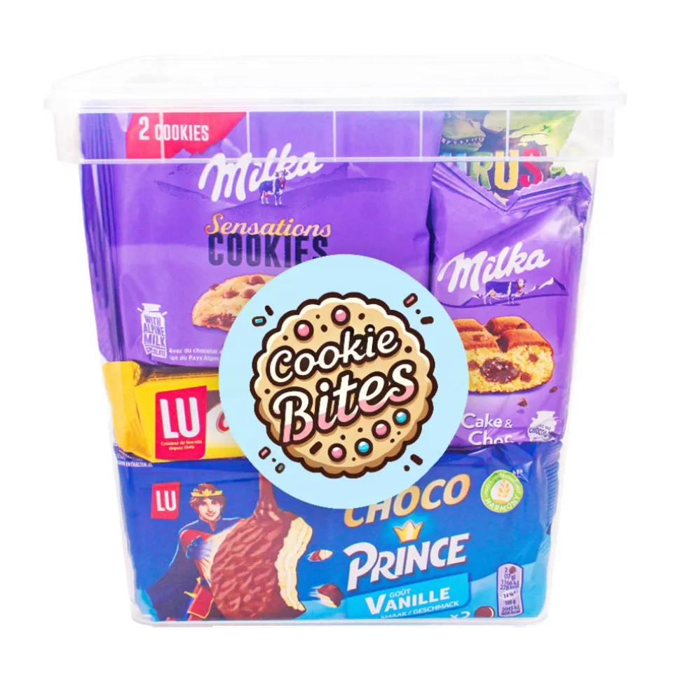 Vieruurtjes XL koekjespakket met chocolade: Milka, LU, Prince, Oreo, Mikado & Lotus Dino