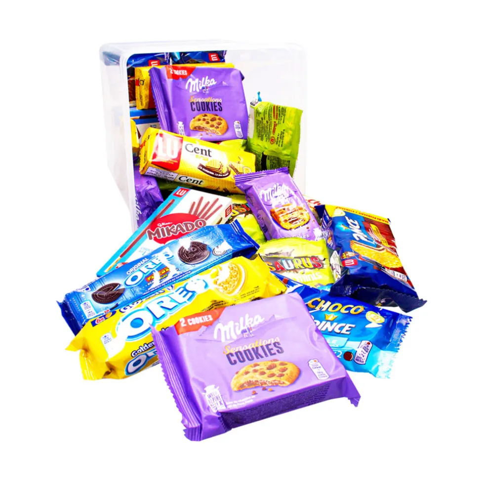 Vieruurtjes XL koekjespakket met chocolade: Milka, LU, Prince, Oreo, Mikado & Lotus Dino
